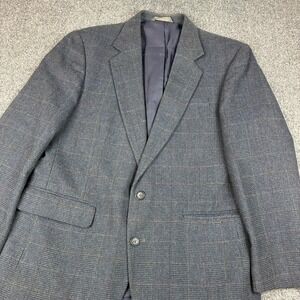 Haggar Mens Plaid Blazer Sport Coat Grey Blue Windowpane Two Button Jacket 42